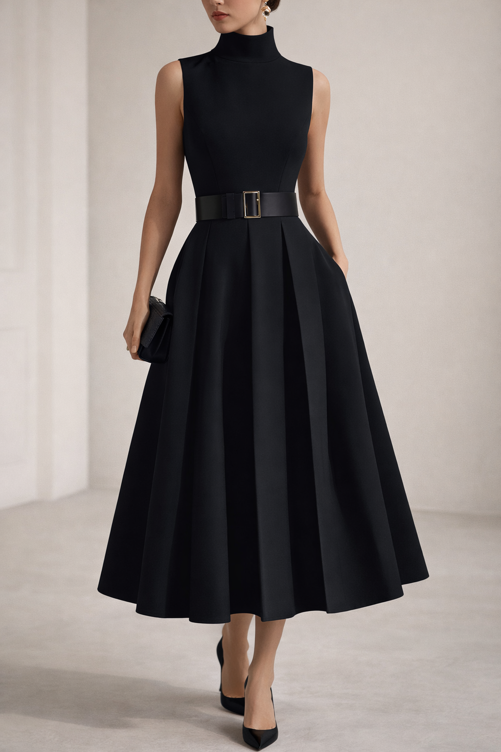 Belted High-Neck Dress